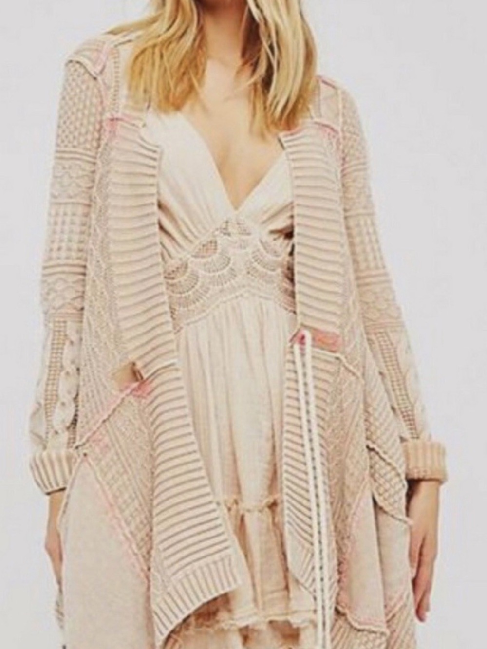 Free People All Washed Out Sand Tan Cardigan Pink Stitching Detail Size S - Picture 2 of 12